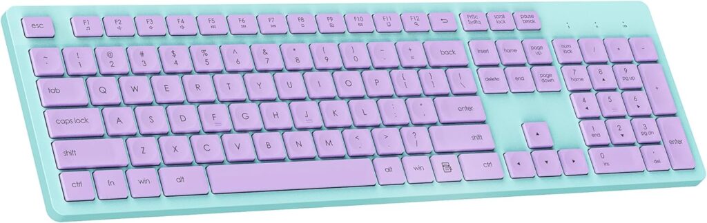 LeadsaiL Wireless Keyboard, 2.4GHz Full-Sized Ergonomic Computer Keyboard, Cordless Noiseless Keyboard,12 FN Shortcuts for Windows MacOS Laptop Computer – Purple and Mint Green