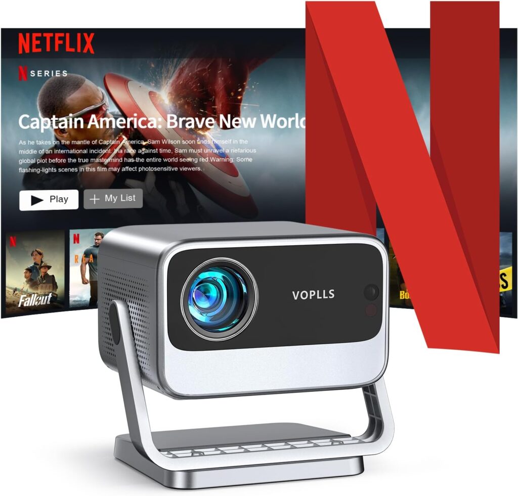 [Netflix Officially & Auto Focus] VOPLLS 4K Projector with WiFi and Bluetooth, 3D Stereo Sound & Auto Keystone Video Projector, 1200ANSI Outdoor Movie Projector, 50% Zoom, MAX 300”Display (Grey)