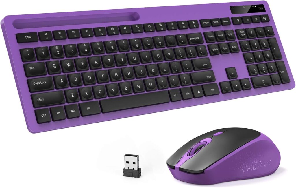 2.4GHz Silent USB Wireless Keyboard and Mouse Combo – Full-Size Keyboard with Phone Holder and Mouse for Computer, Desktop and Laptop (Purple)