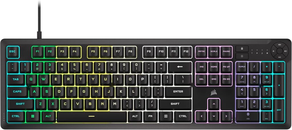 Corsair K55 CORE RGB Membrane Wired Gaming Keyboard – Quiet, Responsive Switches – Spill Resistance – Ten-Zone RGB – Media Keys – iCUE Compatible – QWERTY NA – PC, Mac – Black