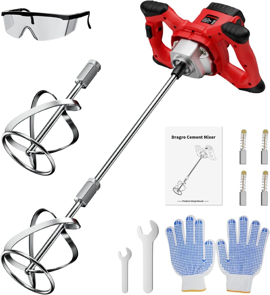 Electric Cement Mixer, 2100W Handheld Concrete Mixer with 6 Speed,Portable Mortar Mixer for Mixing Mud, Mortar, Plaster,Cement, Paint, Fodder,2 Pieces Mixing Heads