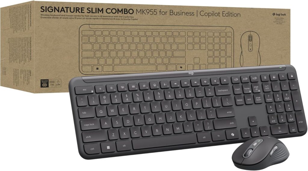 Logitech Signature Slim MK955 Combo for Business | Copilot Edition, Microsoft Copilot, Copilot in Windows, Wireless Keyboard and Mouse, Quiet Typing, Secure Receiver, Bluetooth, Windows – Graphite