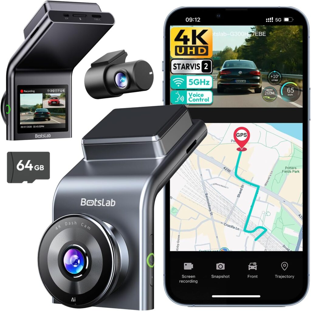 BOTSLAB 4K Dash Cam Front and Rear, STARVIS 2 Sensor, Voice Control, 64GB Card Included, 5GHz WiFi Dashcam Front and Rear Camera, Built in GPS, WDR Night Vision, 170°Wide Angle, 24H Parking Mode