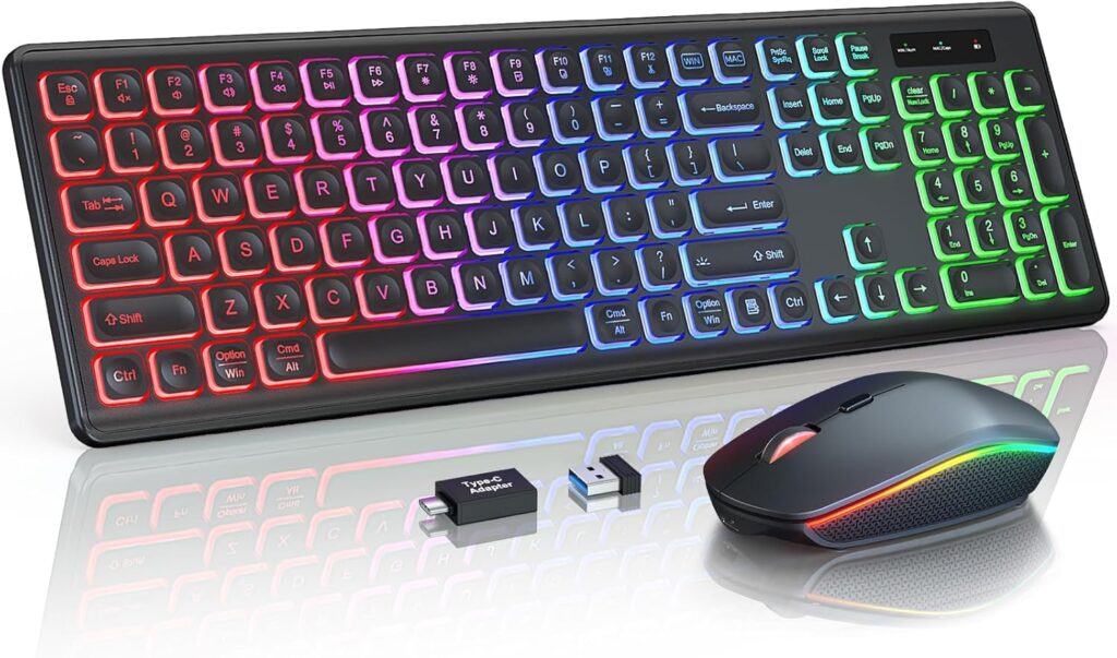 Wireless Keyboard and Mouse Combo – RGB Backlit, Rechargeable & Light Up Letters, Full-Size, Ergonomic Tilt Angle, Sleep Mode, 2.4GHz Quiet Keyboard Mouse for Mac, Windows, Laptop, PC