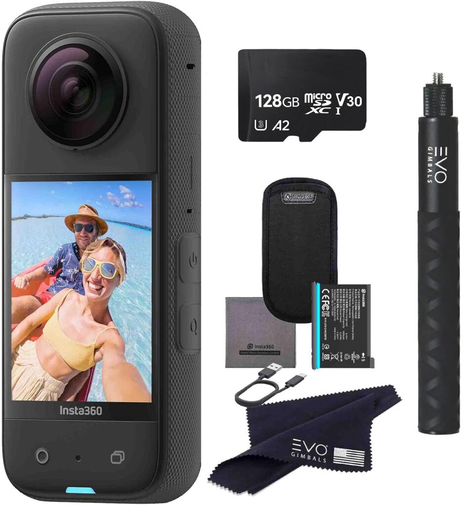insta360 X3 – Waterproof 360 Action Camera with 1/2” 48MP Sensors, 5.7K HDR Video, 72MP Photo, 4K Single-Lens, 60fps Me Mode, 2.29”Touchscreen, AI Editing |Bundle Includes Selfie Stick&128GB, Black