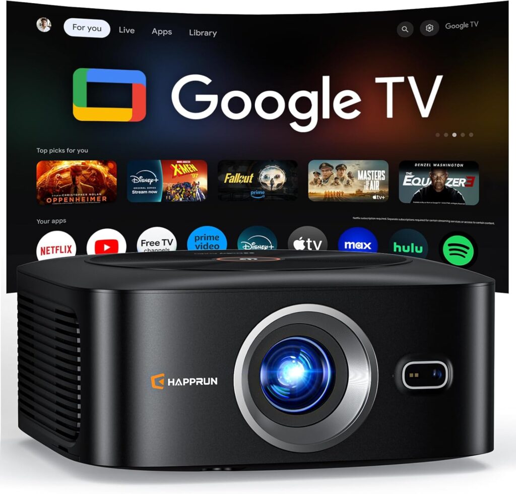 Official Licensed Google TV 1500ANSI 4K Full HD Smart Projector, HAPPRUN Projector with Wifi and Bluetooth, Built-in Apps, Auto Focus,Dolby Sound,Movie Projector for Outdoor/Home Cinema/Indoor/Gaming
