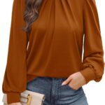 WIHOLL Long Sleeve Shirts for Women Mock Neck Tops Pleated Front Blouses Dressy Casual Fall Clothes 2025 Fashion