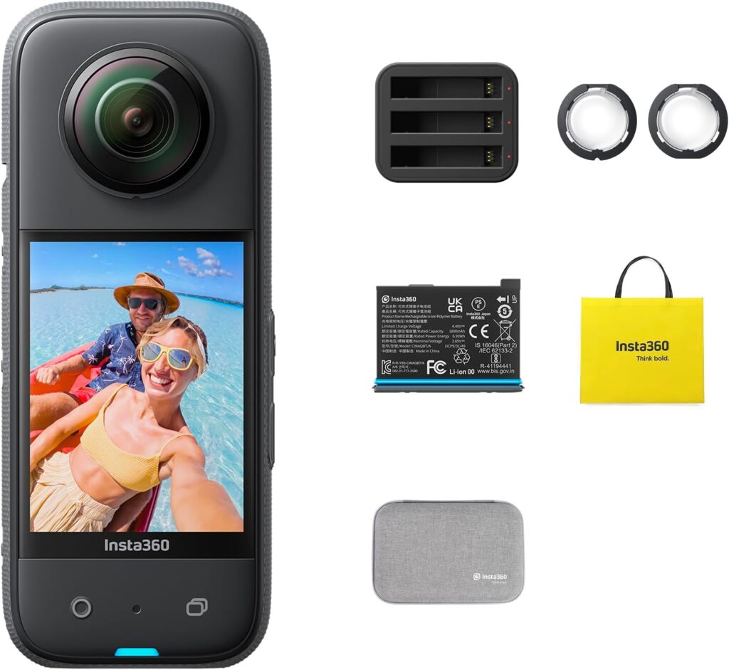 Insta360 X3 Travel Bundle-Waterproof 360 Action Camera with 1/2″ 48MP Sensors, 5.7K 360 Active HDR Video, 72MP 360 Photo, 4K Single-Lens, 60fps Me Mode, Stabilization, 2.29″ Touchscreen, AI Editing