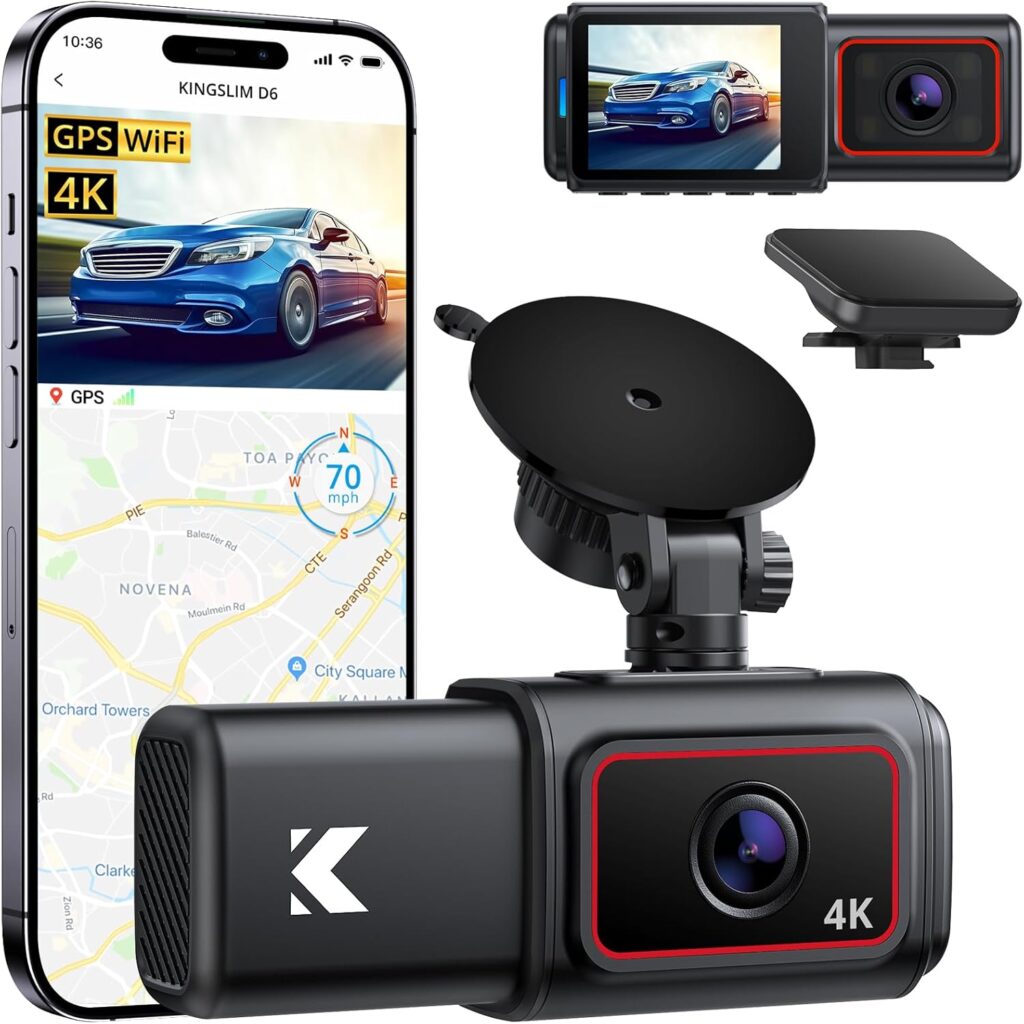 Kingslim D6-4K Dual Dash Cam – WiFi & GPS 4K Front and 1080P Inside Type-C Uber Car Camera with Super Night Vision and 24-Hour Parking Monitor, 3 Channel Dash Cam Optional, Black