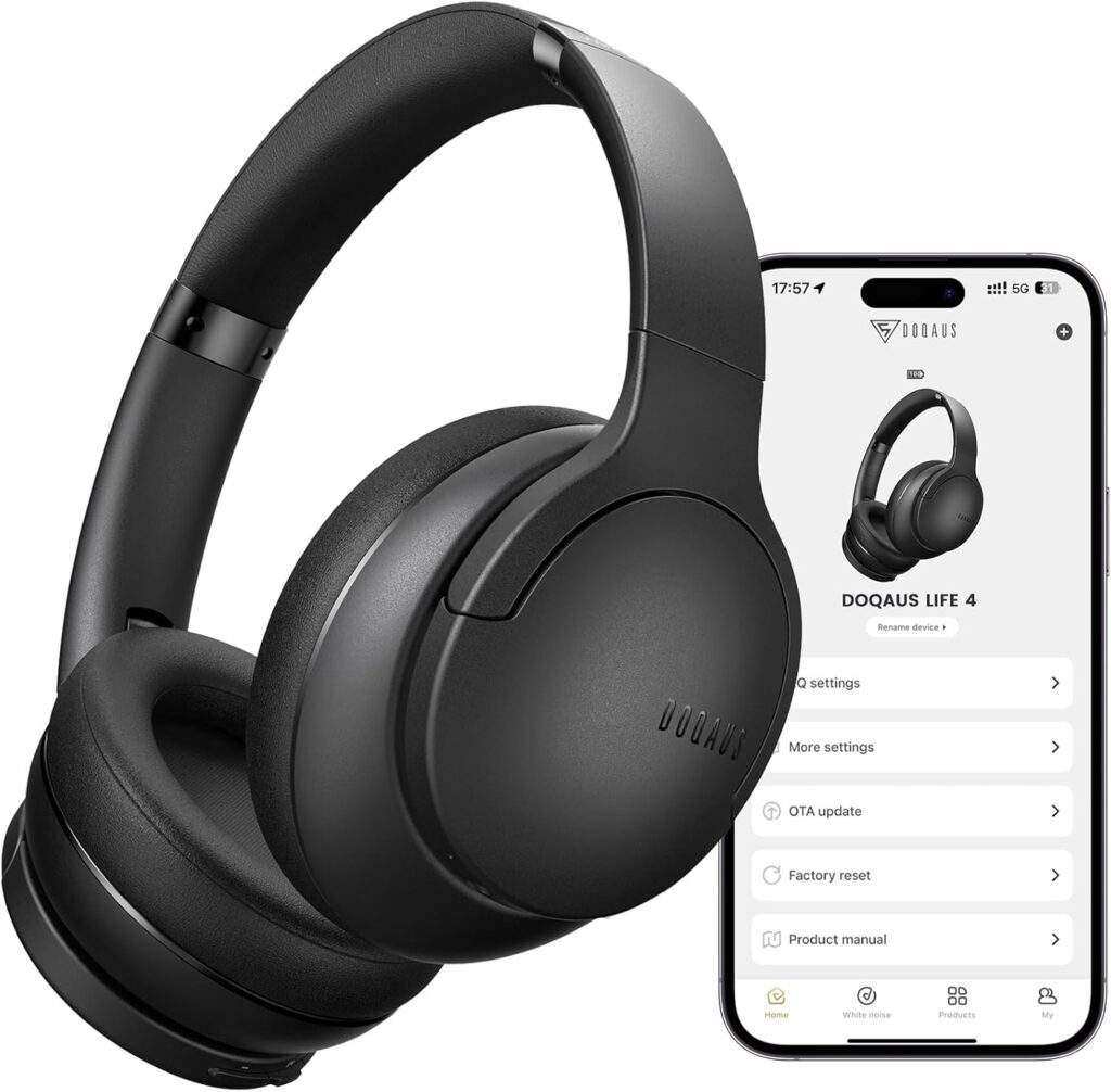 DOQAUS Over Ear Bluetooth Headphones Wireless, 90H Playtime, BT 5.4, 9 EQ Modes, HiFi Deep Bass, Movie & Sleep Mode, White Noises w/App Control, Memory Foam Cups for Travel, Gym, Workout, PC, Phone