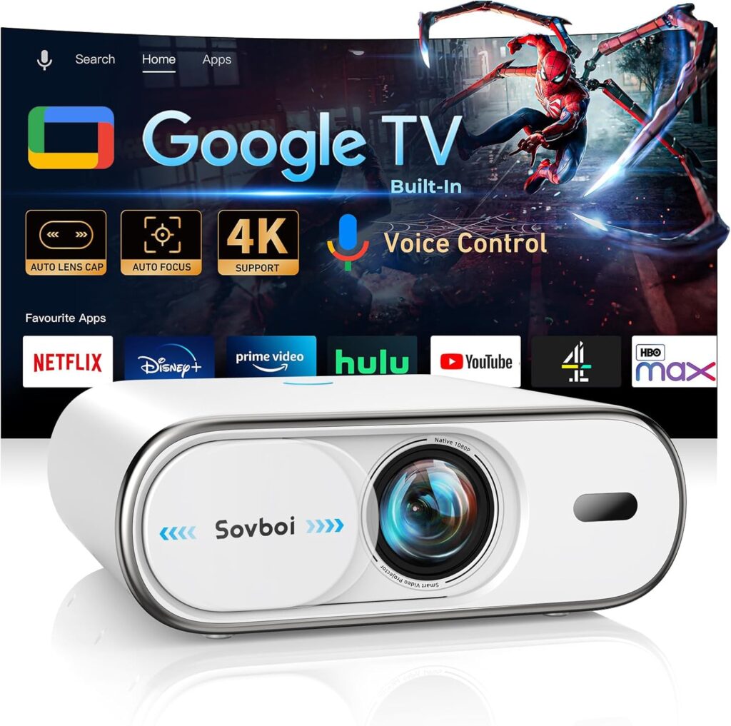 Projector Compatible with Google TV|1800 ANSI|Auto Lens Cap&4D Keystone|Auto Focus|Voice Control Portable Outdoor Projector 4K with WiFi and Bluetooth, Sovboi Smart Proyector for Netflix Home Theater