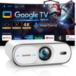 Projector Compatible with Google TV|1800 ANSI|Auto Lens Cap&4D Keystone|Auto Focus|Voice Control Portable Outdoor Projector 4K with WiFi and Bluetooth, Sovboi Smart Proyector for Netflix Home Theater