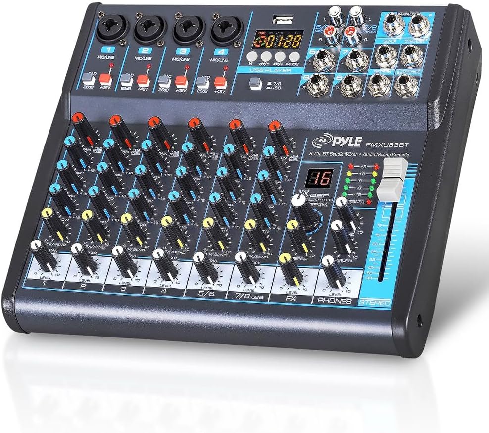 Pyle Professional Audio Mixer Sound Board Console Desk System- Interface 8 Channel Digital USB Bluetooth MP3 Computer Input 48V Phantom Power Stereo DJ Studio FX 16Bit DSP Processor, Black – PMXU83BT
