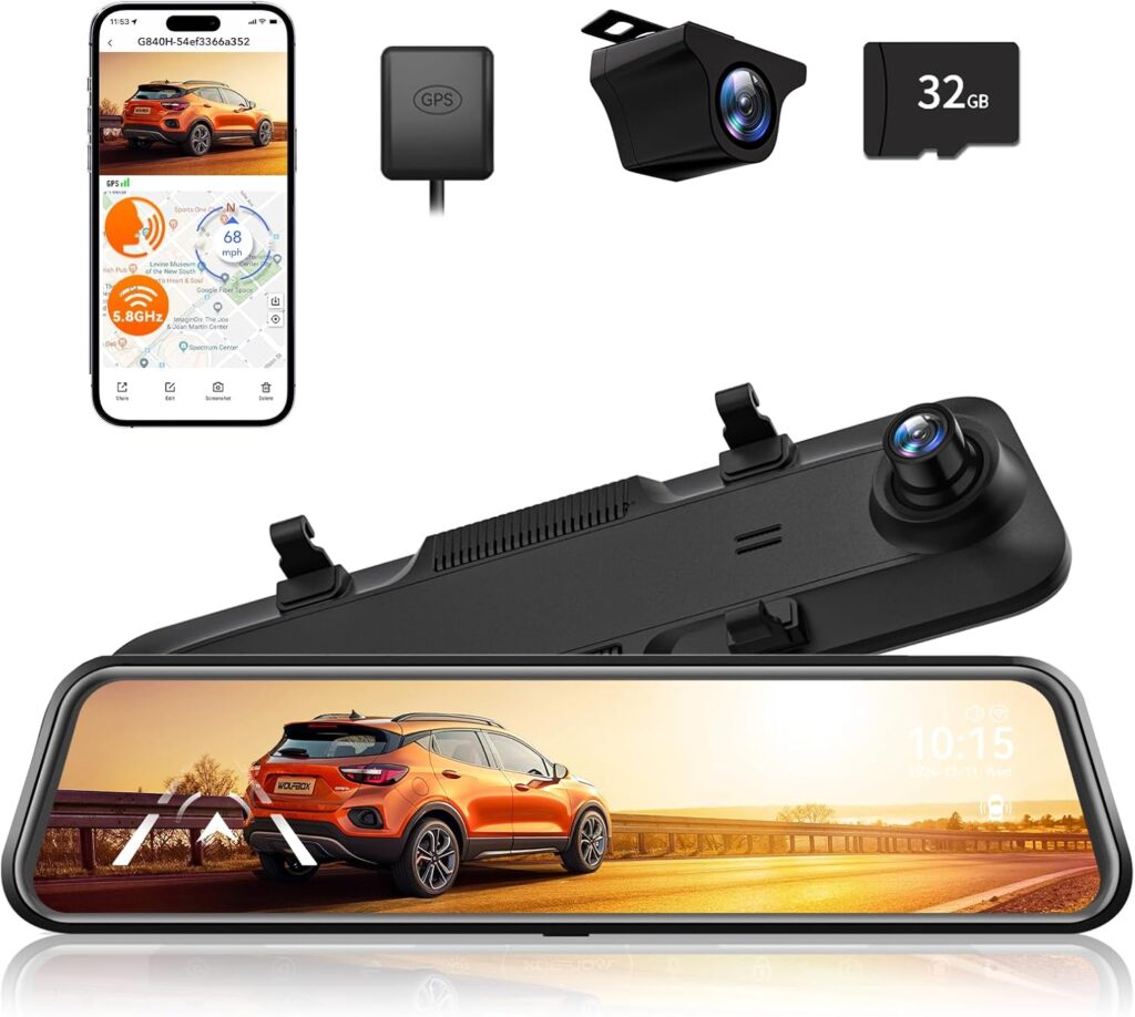 WOLFBOX G840H 12” Mirror Dash Cam with ADAS and BSD, 2.5K Rear View Mirror Camera Front and Rear, 5.8GHz WiFi, Voice Control, Parking Monitor, Included 32GB Card & GPS, Loop Recording