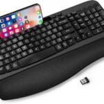 Ergonomic Wireless Keyboard with Cushioned Wrist Rest, Wave Keys, Phone Holder, Comfortable Natural Typing, 2.4GHz Full Size Cordless USB Computer Keyboard for Windows, Mac OS, Laptop, PC (Black)