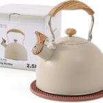 LONFFERY Tea Kettle for Stove Top, 2.5 Quart Whistling Tea Kettle, with Food Grade Stainless Steel and Wood Pattern Folding Handle, Creamy White