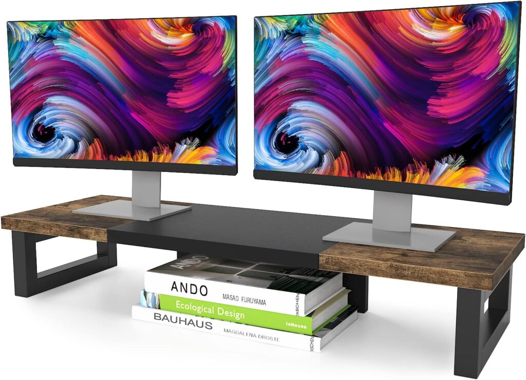 WESTREE Dual Monitor Stand Riser, Wood and Steel Multi-Purpose Desktop Storage Stand for 2 Monitors for Computer, Laptop, Printer, TV, Rustic Brown