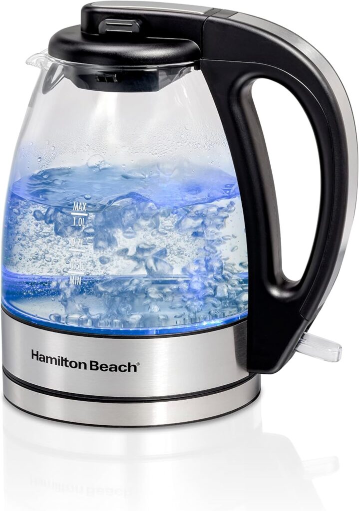 Hamilton Beach Glass Electric Tea Kettle, Water Boiler & Heater, 1 Liter, 1500 Watts for Fast Boiling, BPA Free, Cordless Serving, Auto-Shutoff & Boil-Dry Protection, Soft Blue LED (40930)