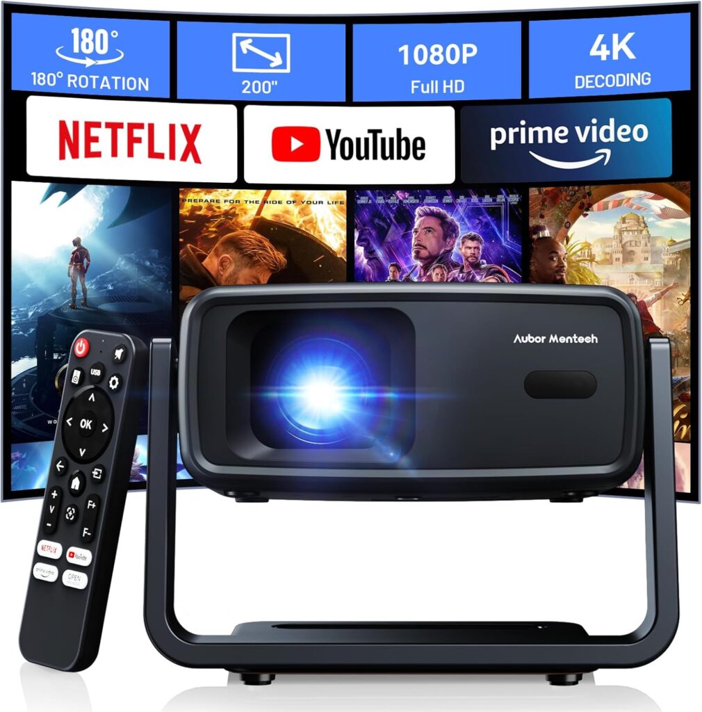 4K Projector Decoding Support, Projector with WiFi and Bluetooth, Native 1080P mini projector, 180° Rotatable with Auto Keystone, 200” Screen Portable Outdoor Home Theater Movie Smart Projectors