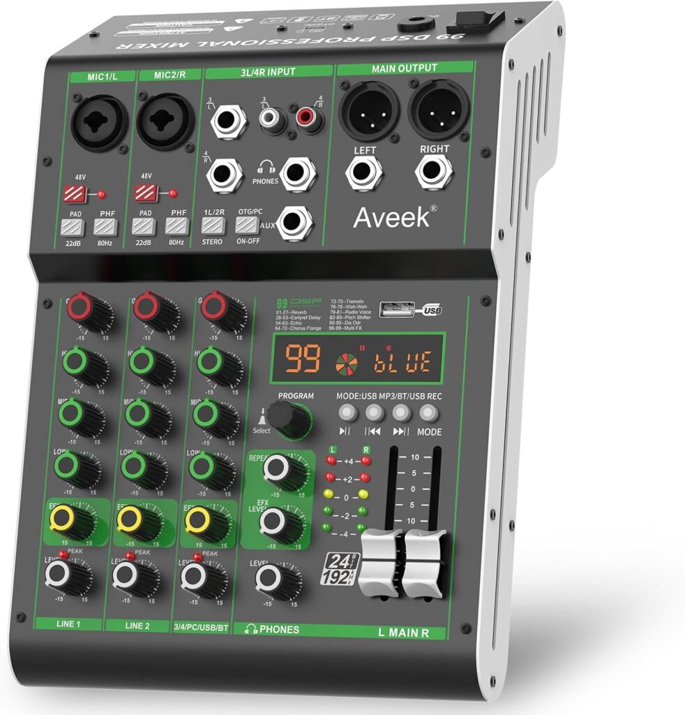 Aveek Audio Mixer,Professional Sound Board Mixing Console with USB Drive/Bluetooth/Computer/4 Channel Stereo Input DJ Mixer,48V Phantom Digital 99 DSP Effect for PC Recording Karaoke Studio Streaming