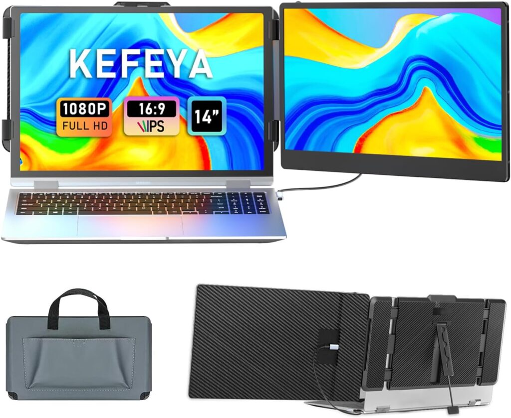 KEFEYA Laptop Screen Extender, 14″ FHD 1080P IPS Laptop Monitor Extender Dual Screen, Portable Monitor for Laptops 13-17″ with USB-C/HDMI Port, Plug n Play for Windows/Mac/Android/Switch/PS5