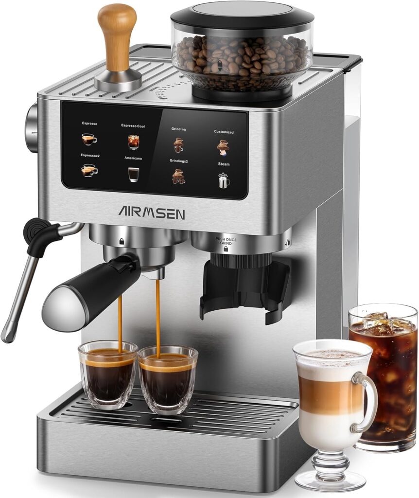 AIRMSEN Espresso Machines with Burr Grinder, 20 Bar, Milk Frother Steam Wand, Stainless Steel Coffee Maker for Home – Cappuccino Latte & Cold Brew Iced Coffee Maker & Americano