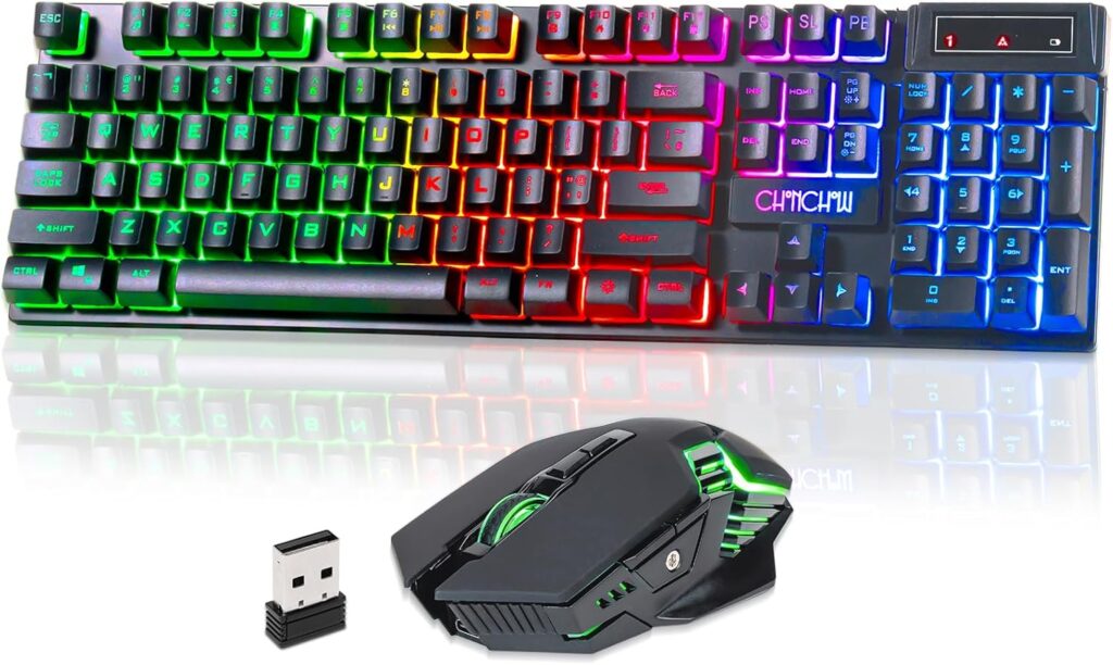 CHONCHOW Wireless Keyboard and Mouse Combo – 2.4G Rechargeable USB Rainbow LED Backlit Wireless Gaming Keyboard,Anti-ghosting Multimedia Keys Mechanical Feel for PC Laptops PS Xbox