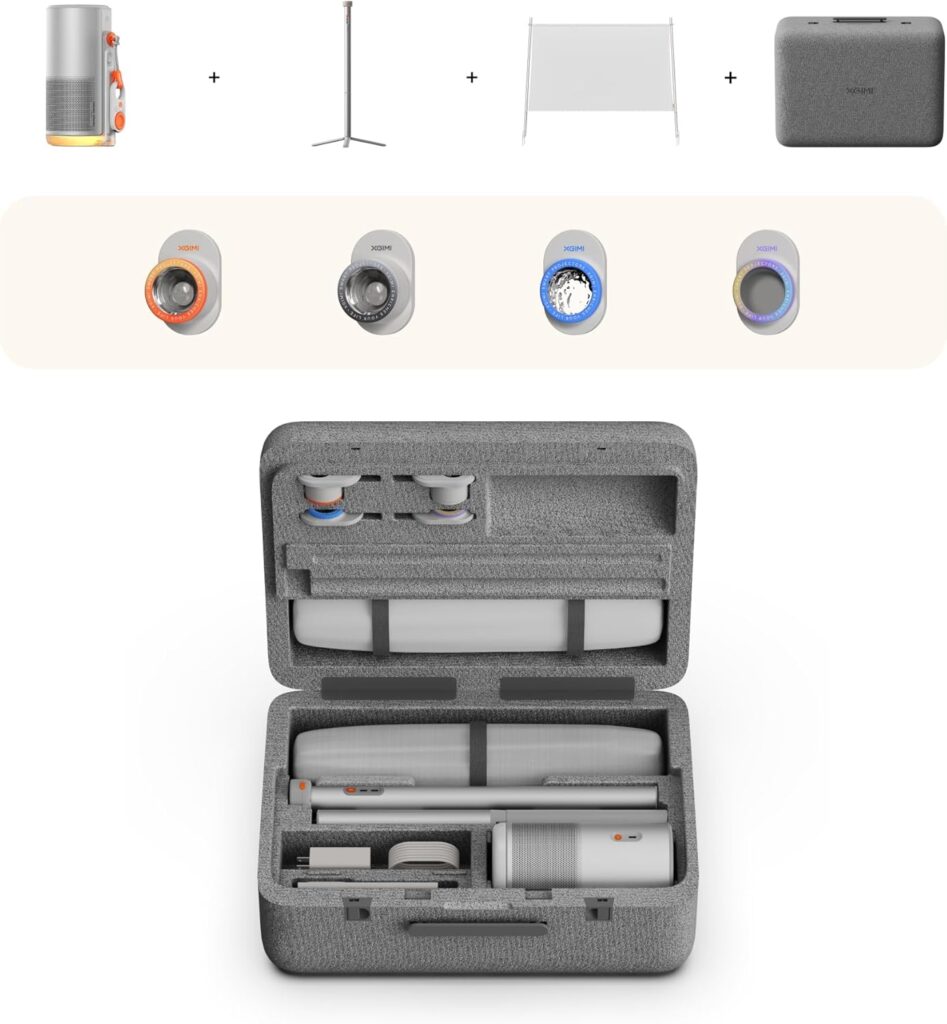 XGIMI MoGo 4 Laser Projector Collection, 550 ISO Lumens, Google TV , Official Netflix, 5h Battery Life – All-in-One Home & Outdoor Cinema Kit with PowerBase Stand, 70″ Screen, 4 Filters& Carry Case