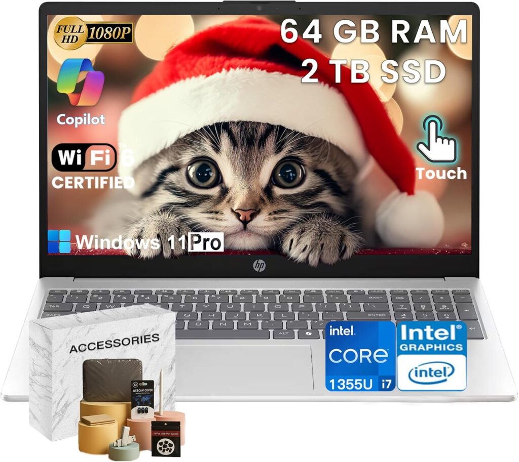 HP Premium 15.6″ Touchscreen Laptop Computer – Intel 10-Core i7 1355U • 64GB RAM, 2TB SSD • 15.6″ FHD Anti-Glare • Win 11 Pro • Wi-Fi 6 • Ai Copilot • for Business & Student • w/Accessories