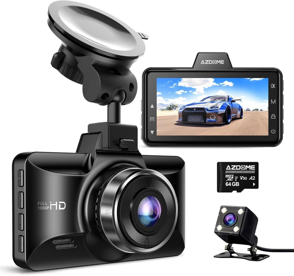 AZDOME M01 Dual Dash Cam Front and Rear with Free 64GB Card, 3″ Screen Dual Dashboard Camera for Car, Built-in ADAS G-Sensor, 24H Parking Mode Car Camera (M01 Pro)