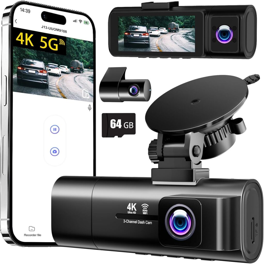Dash Cam Front and Rear,3 Channel Dash Cam for Car with 5G WiFi, 64GB Card,4K+1080P+1080P Front Inside and Rear Car Dash Camera,3.16”Screen,Night Vision,Loop Recording, G-Sensor, WDR, Parking Mode