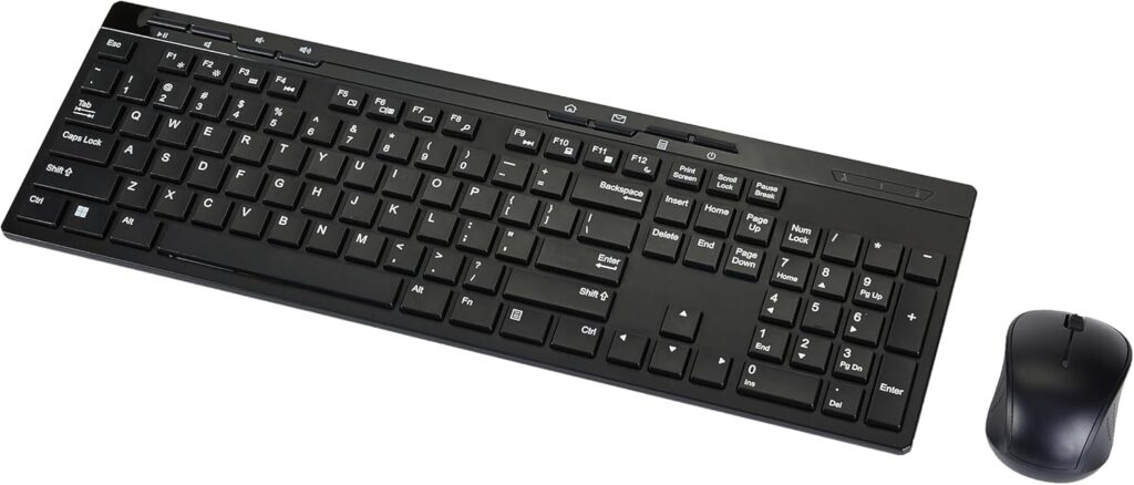 Amazon Basics Wireless Keyboard and Mouse Combo, Full-Sized, QWERTY Layout, 2.4 GHz USB Plug & Play Receiver, Sleek Design, Black