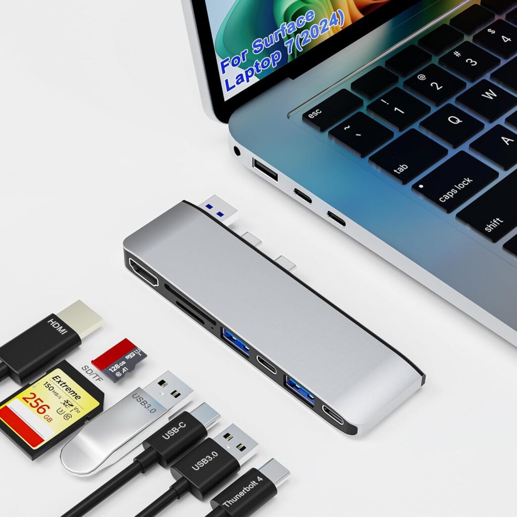 Surface Laptop 7 USB Hub Docking Station, Surface Laptop 2024 Accessories with 4K HDMI, USB-C Thunerbolt 4 (8K Display+40G Data+100W Charging), 2 USB 3.0, USB-C, SD/TF, hub for Surface Laptop 7 (2024)