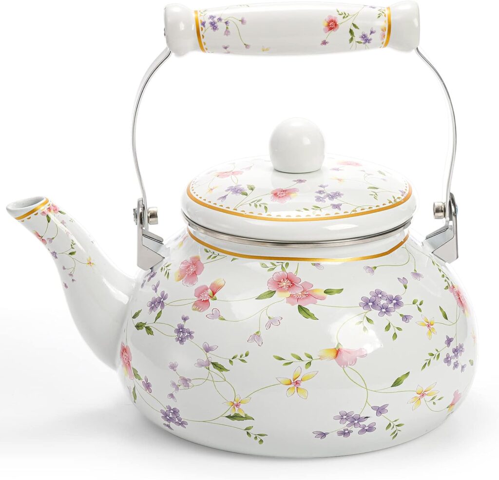Jucoan Vintage Enamel Tea Kettle, 2.6 Quart Floral Enamel Water Kettle Teapot with Porcelain Handle for Stovetop Home Kitchen Camping, Housewarming Wedding Bridal Shower Thanksgiving Christmas Gift
