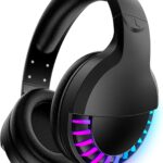 Wireless Bluetooth Headphone with Noise Cancellation HiFi Stereo Sound Mic Deep Bass Protein Earpad Rainbow RGB Backlight Rechageable Over Ear Headset for PC Mac Game Travel Class Home Office(Black)