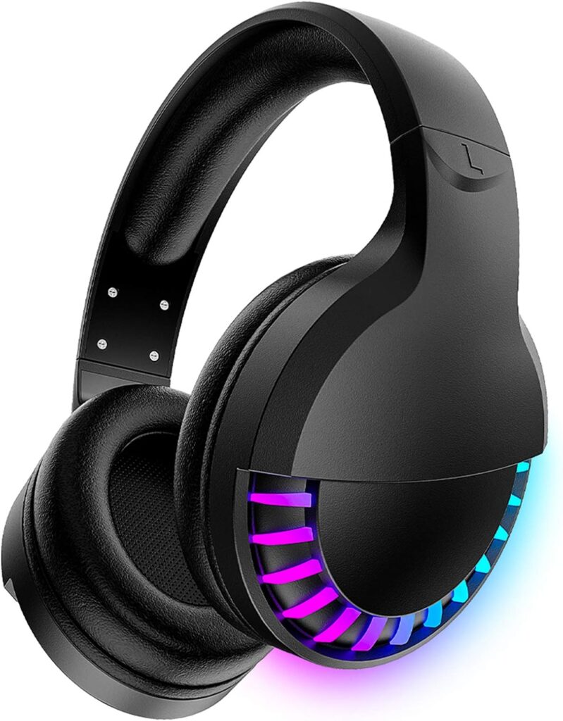 Wireless Bluetooth Headphone with Noise Cancellation HiFi Stereo Sound Mic Deep Bass Protein Earpad Rainbow RGB Backlight Rechageable Over Ear Headset for PC Mac Game Travel Class Home Office(Black)