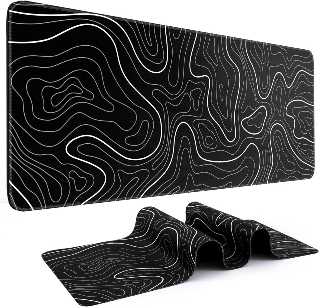 Mouse Pad Gaming Mousepad 31.5 x 11.8in Large Mouse Pad for Keyboard and Mouse with Anti-Slip Rubber Base, Keyboard Pad XL Mouse Mat for Home and Office(Black with White Topographic Line)
