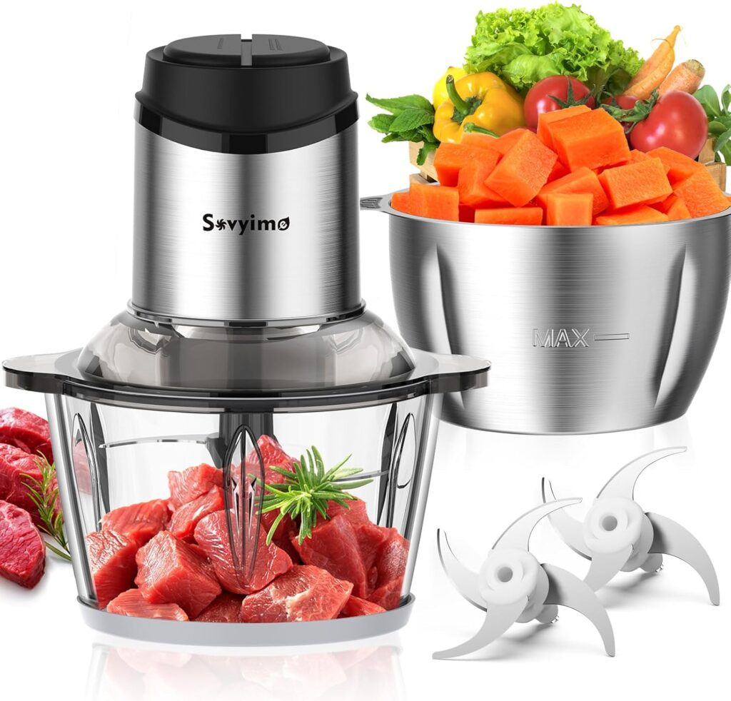 Food Processor, Meat Grinder Vegetable Chopper for Home Use, Sovyime Small Food Chopper with 2 Bowls(8 Cup) & 2 Bi-Level Blades. 350W Electric Meat Chopper for Onion, Baby Food, Garlic, Nuts, Fruit