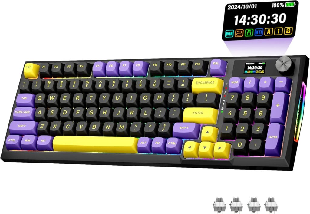 Redragon K725LBY Wireless Mechanical Keyboard with Screen and Knob, Tri-Mode BT5.0/2.4G/USB-C Gasket Computer Gaming Keyboard, 95 Keys Hot Swappable, RGB Backlit, Infinite Mirrors for PC/Mac, Purple
