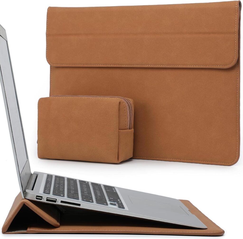 HYZUO 13.3-14 Inch Laptop Sleeve Case with Stand Feature for MacBook Pro 14 M5/M4/M3/M2/M1 2026-2021, MacBook Pro/Air 13.3, 13″ 13.5″ 13.8″ Surface Laptop, HP Spectre X360 13/14, Brown