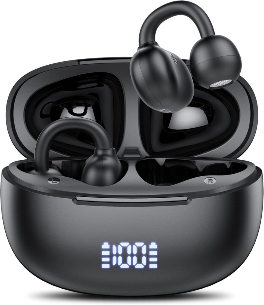 Clip on Earbuds Open Ear Wireless Bluetooth 5.4 Headphones with Noise Cancelling Mic, 48H Playtime Ear Buds,IP68 Waterproof, Comfortable for Small Ears (Black)