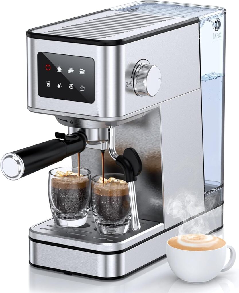 Espresso Machine with Milk Frother, 20 Bar Compact Espresso Maker with Touch Screen & 57.5oz Removable Water Tank for Home, Stainless Steel Coffee Machine for Cappuccino, Latte, Silver(updated)
