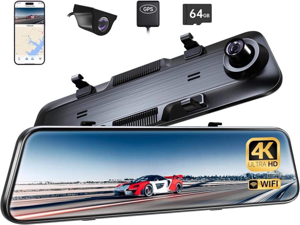 Pelsee P12 Plus 4K Rear View Mirror Camera with ADAS and BSD, 5.8GHz WiFi Mirror Dash Cam Front and Rear, Backup Camera for Car, GPS, 64GB Card Included, WDR Night Vision, Voice Control, 12″ Display