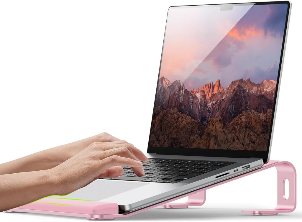 Aluminum Laptop Stand, Notebook Stand with Wrist Rest, Ergonomic Detachable Laptop Mount, Computer Stand Compatible with 10-17” All Laptops Such as MacBook Air Pro/HP/Dell/Lenovo, Pink