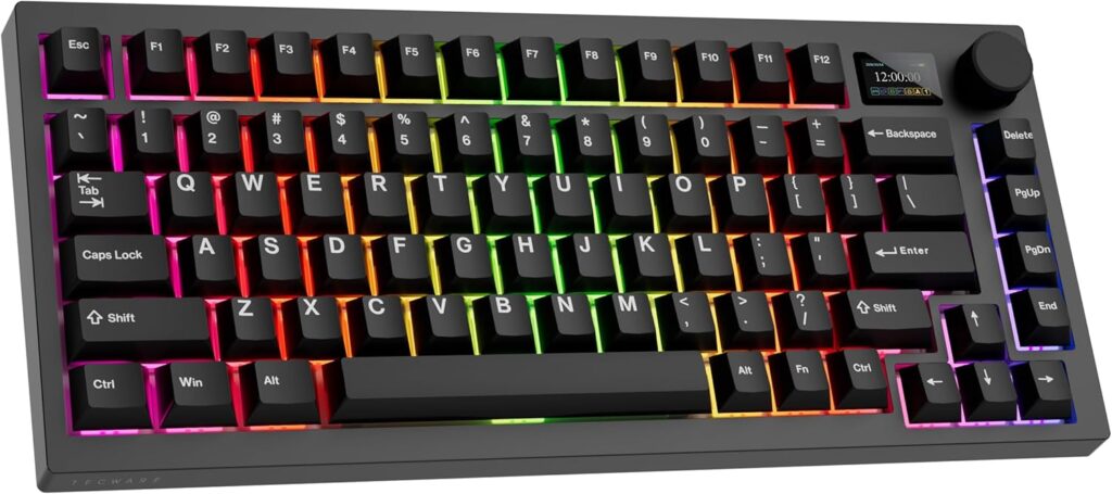 TECWARE Spectre 75% RGB Mechanical Gaming Keyboard with Customizable LCD Screen, Multi-Function Knob, Gasket Mount, South Face 5-Pin Universal Hot-Swappable Sockets Black Candy Red Switch