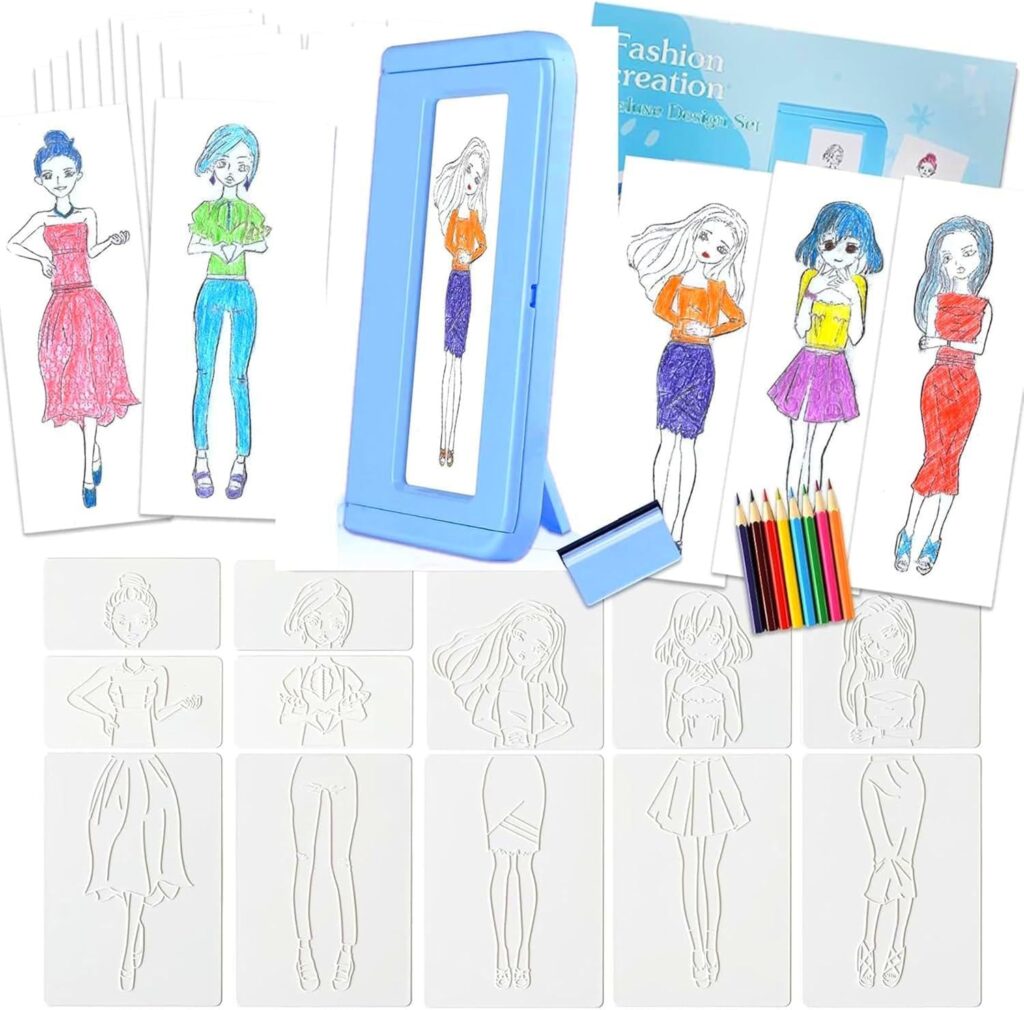 Kids Fashion Design Drawing Kit, 15 Double-Sided Rubbing Plates, Texture Art Set with Crayons, Colored Pencils, Paper & Frame, STEM Toys for Girls & Boys Ages 5+, Travel Art Supplies, Birthday Gift