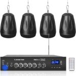 Sound Town Commercial Restaurant Bluetooth Amplifier + Pendant Speaker Set, with One 2-Zone 70V/100V Amplifier with Bluetooth, 4 x All-Weather 4-Inch Pendant Speakers, Black (PAC80X4PD4B)