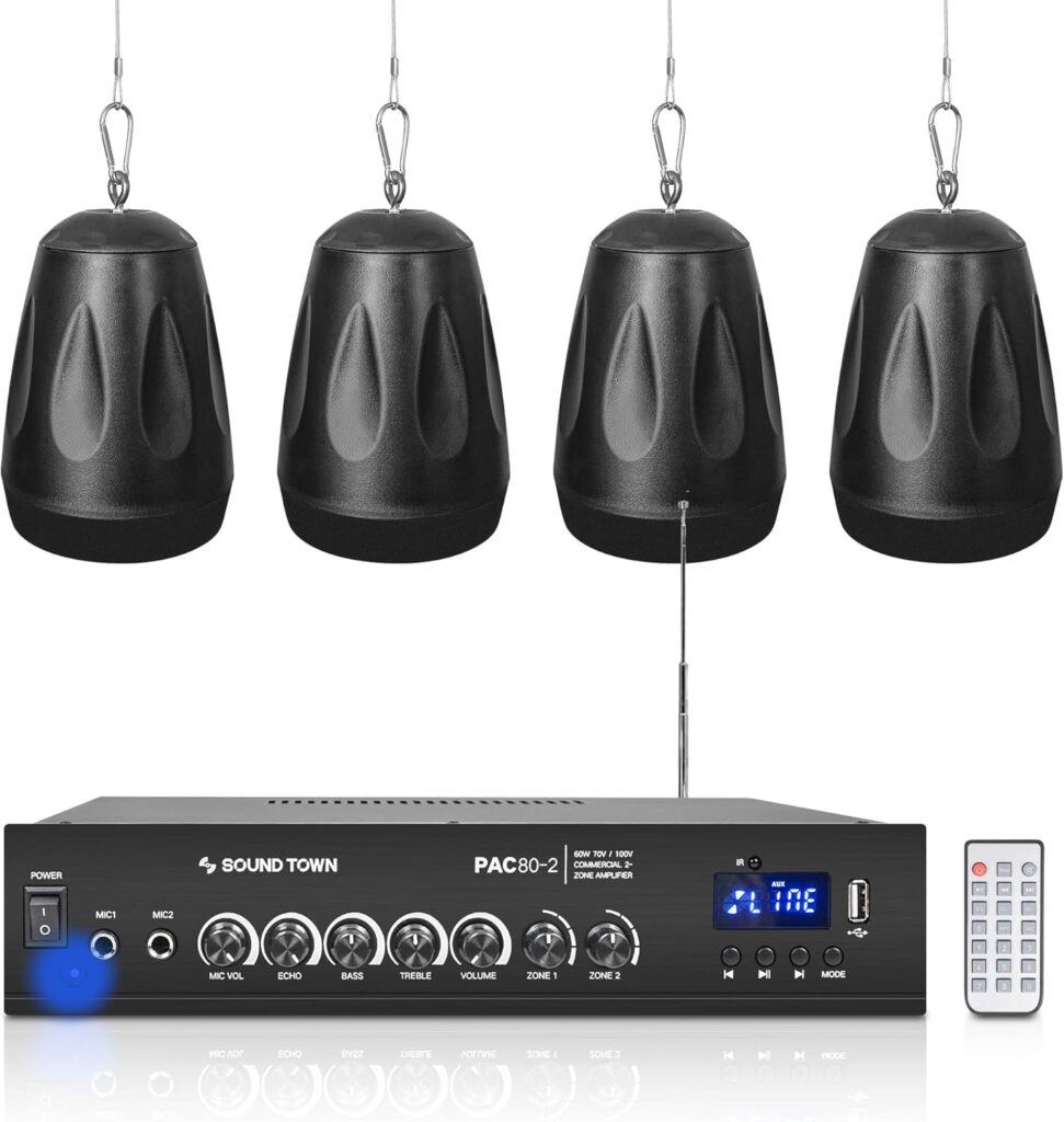 Sound Town Commercial Restaurant Bluetooth Amplifier + Pendant Speaker Set, with One 2-Zone 70V/100V Amplifier with Bluetooth, 4 x All-Weather 4-Inch Pendant Speakers, Black (PAC80X4PD4B)