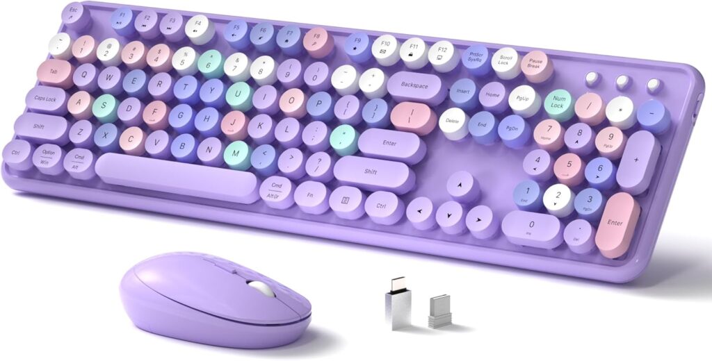 Wireless Keyboard and Mouse, Full-Size Retro Typewriter Keyboard with Round Keycaps, 2.4GHz for Windows, Mac, Laptop, PC, Desktop (Purple Colorful)