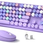 Wireless Keyboard and Mouse, Full-Size Retro Typewriter Keyboard with Round Keycaps, 2.4GHz for Windows, Mac, Laptop, PC, Desktop (Purple Colorful)